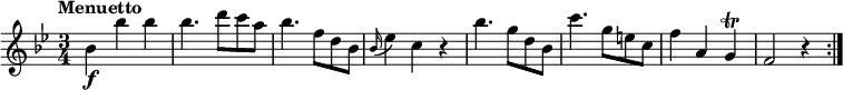 
\relative c'' {
  \version "2.18.2"
    \key bes \major
    \time 3/4
    \tempo "Menuetto" 
   bes4\f bes' bes 
   bes4. d8 c a
   bes4.  f8 d bes
    \grace bes16 (ees4) c r4
    bes'4. g8 d bes
    c'4. g8 e c
    f4 a, g  \trill
    f2 r4 \bar ":|."
  }
