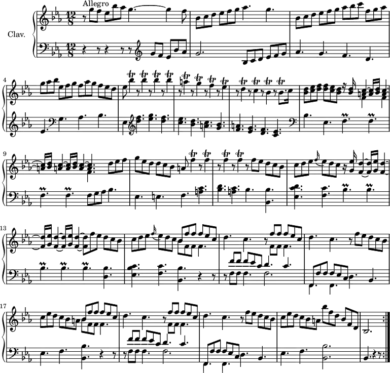 \version "2.18.2"
\header {
tagline = ##f
% composer = "Domenico Scarlatti"
% opus = "K. 253"
% meter = "Allegro"
}
%% les petites notes
trillFp = { \tag #'print { f4.\prall } \tag #'midi { g32 f g f~ f4 } }
trillBespUp = { \tag #'print { bes'4\trill } \tag #'midi { c32 bes c bes~ bes8 } }
trillA = { \tag #'print { a4\trill } \tag #'midi { bes32 a bes a~ a8 } }
trillG = { \tag #'print { g4\trill } \tag #'midi { a32 g a g~ g8 } }
trillF = { \tag #'print { f4\trill } \tag #'midi { g32 f g f~ f8 } }
trillFUp = { \tag #'print { f'4\trill } \tag #'midi { g32 f g f~ f8 } }
trillEes = { \tag #'print { ees4\trill } \tag #'midi { f32 ees f ees~ ees8 } }
trillD = { \tag #'print { d4\trill } \tag #'midi { ees32 d ees d~ d8 } }
trillC = { \tag #'print { c4\trill } \tag #'midi { d32 c d c~ c8 } }
trillBes = { \tag #'print { bes4\trill } \tag #'midi { c32 bes c bes~ bes8 } }
trillBesqp = { \tag #'print { bes8.\trill } \tag #'midi { c32 bes c bes~ bes16 } }
trillpraBesp = { \tag #'print { bes4.\prall } \tag #'midi { c32 bes c bes~ bes4 } }
upper = \relative c'' {
\clef treble
\key ees \major
\time 12/8
\tempo 4. = 82
\repeat volta 2 {
s8*0^\markup{Allegro}
r8 g'8 f
ees bes' aes g4.~ g4 f8 | bes,8 c d ees f g aes4. g |
% ms. 3
bes,8 c d ees f g aes bes c f, g aes | g aes bes ees, f g f aes g f ees d | ees8 \repeat unfold 4 { \trillBespUp r8 }
% ms. 6
\trillA r8 \trillG r8 \trillF r8 \trillEes | r8 \trillD r8 \trillC r8 \trillBes r8 \trillBesqp c16 |
< bes d >8 < c ees > < d f > q < c ees > < bes d >
% ms. 8 suite…
<< { r16 < bes d >16 < a c >4~ q16 < bes d >16 < a c >4~ | q16 < bes d >16 < a c >4~ q16 < bes d >16 < a c >4~ | q4. }
\\ { s8 f4 s8 f4 | s2. f4. } >> d'8 ees f |
g ees d d c bes a \repeat unfold 4 { \trillFUp r8 } f8 ees d c bes |
% ms. 12
c8 d ees \appoggiatura f16 ees8 d c r16 \stemUp < g ees' >16 < f d' >4~ q16 < g ees' > < f d' >4~ |
q16 < g ees' >16 < f d' >4~ q16 < g ees' > < f d' >4~ | \stemNeutral q8 f' ees d c bes |
c d ees \appoggiatura f16 ees8 d c
<< { bes8 f' f f ees c } \\ { bes8 f f f4. } >>
% ms. 15
d'4. c r8 << { f8 f f ees c } \\ { f,8 f f4. } >> d'4. c r8 f8 ees d c bes | c ees d c bes a
<< { bes8 f' f f ees c } \\ { bes8 f f f4. } >>
% ms. 18
d'4. c r8 << { f8 f f ees c } \\ { f,8 f f4. } >> d'4. c r8 f8 ees d c bes |
c8 ees d c bes a bes' f d bes f d | bes2. }%repet
% % ms. 21
% \alternative {
% { bes8 c bes aes g f r8 g''8 f }
% { bes,,2 }
% }
% r8 f''8 d aes f aes d f d aes f aes
}
lower = \relative c' {
\clef bass
\key ees \major
\time 12/8
\repeat volta 2 {
% ************************************** \appoggiatura a16 \repeat unfold 2 { } \times 2/3 { } \omit TupletNumber
r4 r8 r4 r8 r8 \clef treble g'8 f ees bes' aes | g2. bes,8 c d ees f g |
% ms. 3
aes4. g f d | ees \clef bass g, aes bes | ees, \clef treble < d'' f >4. < ees g > < d f >
% ms. 6
< c ees >4. < bes d > < a! c > < g bes > | < f a! > < ees g > < d f > < c ees > \clef bass | bes4. ees, \repeat unfold 4 { \trillFp }
% ms. 9 suite
f8 g aes bes4. | ees, e f < a c > | < bes d > < a c > bes < bes, bes' > |
% ms. 12
< ees c' d >4. < f c' > \repeat unfold 5 { \trillpraBesp } < d, bes' >4. < ees bes' c > < f c' > < bes, bes' > r4 r8 |
% ms. 15
r8 << { f''8 f f ees c d4. c | f,,8 f' f f ees c }
\\ { \mergeDifferentlyDottedOn f8 f f4. f2. | f,4. f } >> d'4. bes | ees f < bes, bes' > r4 r8
% ms. 18
r8 << { f''8 f f ees c d4. c | f,,8 f' f f ees c }
\\ { \mergeDifferentlyDottedOn f8 f f4. f2. | f,4. f } >> d'4. bes | ees f < bes, bes' >2. bes4. r4 r8 }%repet
% ms. 21
% \alternative {
% { bes4. r4 r8 | ees4. }
% { bes2 | }
% }\bar ".|:"
% \repeat unfold 4 { < bes aes' >4. }
}
thePianoStaff = \new PianoStaff <<
\set PianoStaff.instrumentName = #"Clav."
\new Staff = "upper" \upper
\new Staff = "lower" \lower
>>
\score {
\keepWithTag #'print \thePianoStaff
\layout {
#(layout-set-staff-size 17)
\context {
\Score
\override TupletBracket.bracket-visibility = ##f
\override SpacingSpanner.common-shortest-duration = #(ly:make-moment 1/2)
\remove "Metronome_mark_engraver"
}
}
}
\score {
\unfoldRepeats
\keepWithTag #'midi \thePianoStaff
\midi { \set Staff.midiInstrument = #"harpsichord" }
}