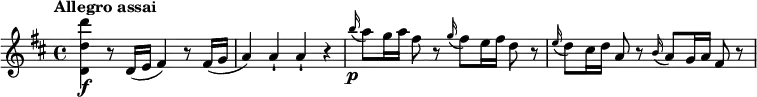 \relative c'' {
\version "2.18.2"
\key d \major
\tempo "Allegro assai"
<d' d, d,>\f r8 d,,16( e fis4) r8 fis16( g a4) a-! a-! r \grace b'16\p(a8 ) g16 a fis8 r \grace g16(fis8 ) e16 fis d8 r \grace e16(d8 ) cis16 d a8 r \grace b16(a8 ) g16 a fis8 r
}