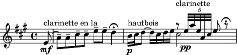 
\version "2.18.2"
\header {
  tagline = ##f
}

\score {
  \new Staff \with {

  }
<<
  \relative c' {
    \key a \major
    \time 4/4
    \tempo 4 = 84
    %\set Staff.midiInstrument = #"clarinet" 
    \override TupletBracket #'bracket-visibility = ##f 

     % thème clarinette/hautbois
     \partial 8 e8\mf(^\markup{clarinette en la} a--) a-- cis-- cis-- e-- e-- d4\fermata 
     b16\p^\markup{hautbois} cis d8~ d16 cis d e << { r8^\markup{  clarinette} \tempo 4 = 56 \times 2/5 { e32[\pp a e a, cis] } e8 r8\fermata } \\ { cis2 } >>

  }
>>
  \layout {
     \context { \Score \remove "Metronome_mark_engraver" }
  }
  \midi {}
}
