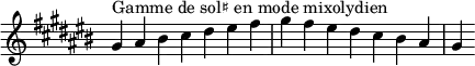  {
\override Score.TimeSignature #'stencil = ##f
\relative c'' {
  \key gis \mixolydian
  \clef treble \time 7/4
 gis4^\markup { Gamme de sol♯ en mode mixolydien } ais bis cis dis eis fis gis fis eis dis cis bis ais gis
} }
