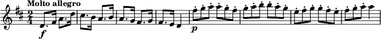 
\relative c'' {
  \version "2.18.2"
  \key d \major
   \time 2/4
    \tempo "Molto allegro"
    \tempo4 = 120
  d,8. \f fis16 a8. d16
  cis8. b16 a8. b16
  a8. g16 fis8. g16
  fis8. e16 d4
  \scaleDurations 2/3 { fis'8-.  \p [g-. a-.] }  \scaleDurations 2/3 {a-. [g-. fis-.]}
  \scaleDurations 2/3 {g-. [a-. b-.]}  \scaleDurations 2/3 {b-. [a-. g-.]}
  \scaleDurations 2/3 {e-. [fis-. g-.]} \scaleDurations 2/3 {g-. [fis-. e-.]} \scaleDurations 2/3 {fis-. [g-. a-.]} a4
}
