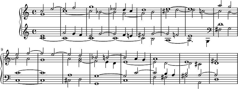 \version "2.14.2"
\header {
tagline = ##f
}
upper = \relative c'' {
\clef treble
\key c \major
\time 4/4
\tempo 4 = 100
\tempo "Presto"
%\autoBeamOff
\set Staff.midiInstrument = #"church organ"
<< { c2 e~ e f g1 ees2 d4 c d1 e~ e a2 } \\ { g,1 c~ c2 bes~ bes a~ a b cis d~ d c!~ c } >>
<< { g' e f~ f e~ e d bes b!~ b a4 g a1 e fis2 } \\ { b2~ b a g1 a2 < a f >~ f2 e4 d e1~ e2 d~ d cis d1~ } >>
}
lower = \relative c' {
\clef treble
\key c \major
\time 4/4
\set Staff.midiInstrument = #"church organ"
<< { e1 a2 g4 f e2 g2~ g f4 e! fis2 g2~ g f!2 e1 } \\ { c1~ c~ c~ c~ c2 b a1~ a2. g4 } >>
\clef bass
<< { d'1 c1~ c a g~ g2 c~ c b4 a b2 a2~ a } \\ { fis2 g c,1~ c cis2 d g,1 c f2 fis gis a, d1 } >>
}
\score {
\new PianoStaff <<
\set PianoStaff.instrumentName = #""
\new Staff = "upper" \upper
\new Staff = "lower" \lower
>>
\layout {
\context {
\Score
\remove "Metronome_mark_engraver"
}
}
\midi { }
}