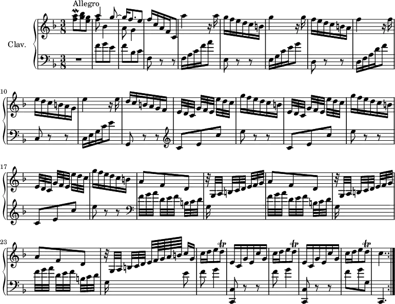 
\version "2.18.2"
\header {
  tagline = ##f
}

%% les petites notes
trillDq     = { \tag #'print { d8\trill } \tag #'midi { \times 2/3 { e32 d e } d16 } }
mordAq      = { \tag #'print { < f a >8\mordent } \tag #'midi { << { a32 g a~ a } \\ { f8 } >> } }

upper = \relative c'' {
  \clef treble 
  \key f \major
  \time 3/8
  \tempo 4. = 54
  \set Staff.midiInstrument = #"harpsichord"
  \override TupletBracket.bracket-visibility = ##f
  \omit TupletNumber

  \repeat volta 2 {
     s8*0^\markup{Allegro}
     \mordAq < g bes >8 < e g > | << { a4 g8~ | g16 f8. e8 } \\ { f8 bes,4 | a8 g4 } >> | f'16 c a f c8 | a''4 r16 a16 |
     % ms. 6
     g16 f e d c b | g'4 r16 g16 | f e d c b a | f'4 r16 f16 | e d c b a g |
     % ms. 11
     e'4 r16 e16 | d c b a g f | \repeat unfold 3 { \times 4/3 { e32 d c } \times 4/3 { g'[ f e] } \times 4/3 { e' d c } |
     % ms. 18
     g'16 f e d c b } | a8 f d | \repeat unfold 2 { \times 4/3 { r32 g,32 a } \times 4/3 { b[ c d] } \times 4/3 { e f g } | a8 f d } | \times 4/3 { r32 g,32 a } \times 2/3 { b[ c d] } \times 2/3 { e32[ f64 g a b] }  c16 g |
     % ms. 25
     \repeat unfold 2 { c16 d e8 \trillDq | e,16 c g' e c' g } | c16 d e8 \trillDq | c4.
   }%reprise

}

lower = \relative c' {
  \clef bass
  \key f \major
  \time 3/8
  \set Staff.midiInstrument = #"harpsichord"
  \override TupletBracket.bracket-visibility = ##f
  \omit TupletNumber

    % **************************************
  \repeat volta 2 {
      R4. | f8 g e | f bes, c | f, r8 r8 | f16 a c f a8 |
     % ms. 6
     e,8 r8 r8 | e16 g c e g8 | d,8 r8 r8 | d16 f a d f8 | c,8 r8 r8 |
     % ms. 11
     c16 e g c e8 | g,,8 r8 r8 |   \clef treble \repeat unfold 3 { c'8 e c' | e8 r8 r8 } |   \clef bass
     % ms. 19
     \repeat unfold 2 { \times 4/3 { f,32 g a } \times 4/3 { d,32[ e f] } \times 4/3 {  b,32 c d } | g,16 s16 s4 } | \times 4/3 { f'32 g a } \times 4/3 { d,32[ e f] } \times 4/3 { b,32 c d } | g,16 s16 s8 e'8 |
     % ms. 25
     \repeat unfold 2 { f8  g4 | < c,,, c' >8 r8 r8 } | f''8 \tempo 4. = 48 g \tempo 4. = 38 g, | c,,4.   \tempo 4. = 54
     }%reprise

}

thePianoStaff = \new PianoStaff <<
    \set PianoStaff.instrumentName = #"Clav."
    \new Staff = "upper" \upper
    \new Staff = "lower" \lower
  >>

\score {
  \keepWithTag #'print \thePianoStaff
  \layout {
      #(layout-set-staff-size 17)
    \context {
      \Score
     \override SpacingSpanner.common-shortest-duration = #(ly:make-moment 1/2)
      \remove "Metronome_mark_engraver"
    }
  }
}

\score {
  \unfoldRepeats 
  \keepWithTag #'midi \thePianoStaff
  \midi { }
}

