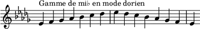  {
\override Score.TimeSignature #'stencil = ##f
\relative c' {
  \key es \dorian
  \clef treble \time 7/4
  es4^\markup { Gamme de mi♭ en mode dorien } f ges aes bes c des es des c bes aes ges f es
} }
