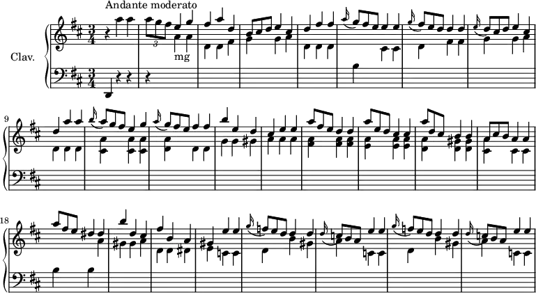 
\version "2.18.2"
\header {
  tagline = ##f
  % composer = "Domenico Scarlatti"
  % opus = "K. 164"
  % meter = "Andante moderato"
}

%% les petites notes
%trillBesp     = { \tag #'print { bes4.\prall } \tag #'midi { c32 bes c bes~ bes4 } }

upper = \relative c'' {
  \clef treble 
  \key d \major
  \time 3/4
  \tempo 4 = 102

      s8*0^\markup{Andante moderato}
      r4 a'4 a | \times 2/3 { a8 g fis } \stemUp e4 g | fis a d, | \omit TupletNumber \times 2/3 { b8 cis d } e4 cis |
      % ms. 5
      d4 fis fis | \appoggiatura a16 \times 2/3 { g8 fis e } e4 e | \appoggiatura g16 \times 2/3 { fis8 e d } d4 d | \appoggiatura e16 \times 2/3 { d8 cis d } e4 cis | 
      % ms. 9
      d4 a' a | \appoggiatura b16 \times 2/3 { a8 g fis } e4 g | \appoggiatura a16 \times 2/3 { g8 fis e } fis4 fis | b e, d | cis e e |
      % ms. 14
      \times 2/3 { a8 fis e } d4 d | \times 2/3 { a'8 e d } cis4 cis | \times 2/3 { a'8 d, cis } b4 b | \times 2/3 { a8 cis b } a4 a |
      % ms. 18
      \times 2/3 { a'8 fis e } dis4 dis | b' d, cis | fis b, a | gis e' e | \appoggiatura g16 \times 2/3 { f8 e d } d4 d |
      % ms. 23
      \appoggiatura d16 \times 2/3 { c8 b a } e'4 e | \appoggiatura g16 \times 2/3 { f8 e d } d4 d | \appoggiatura d16 \times 2/3 { c8 b a } e'4 e |
      % ms. 27
      

}

lower = \relative c' {
  \clef bass
  \key d \major
  \time 3/4

    % ************************************** \appoggiatura a16  \repeat unfold 2 {  } \times 2/3 { }   \omit TupletNumber 
      d,,4 r4 r4 | r4 \stemDown \change Staff = "upper"  a'''4-\markup{mg} a | d, d fis | g g a |
      % ms. 5
      d,4 d d \stemNeutral \change Staff = "lower" | b \stemDown \change Staff = "upper" cis cis | d fis fis | g g a
      % ms. 9
      d,4 d d | < cis a' > q q | < d a' > d d | g g gis | a a a |
      % ms. 14
      < fis a >4 q q | < e a > q q | < d a' > < d gis > q | < cis a' > cis cis \stemNeutral \change Staff = "lower" |
      % ms. 18
      b4 b \stemDown \change Staff = "upper"  a' | gis gis a | d, d dis | e c c | d b' gis |
      % ms. 23
      a4 c, c | d b' gis | a c, c | %d d e |
      % ms. 27
      

}

thePianoStaff = \new PianoStaff <<
    \set PianoStaff.instrumentName = #"Clav."
    \new Staff = "upper" \upper
    \new Staff = "lower" \lower
  >>

\score {
  \keepWithTag #'print \thePianoStaff
  \layout {
      #(layout-set-staff-size 17)
    \context {
      \Score
     \override TupletBracket.bracket-visibility = ##f
     \override SpacingSpanner.common-shortest-duration = #(ly:make-moment 1/2)
      \remove "Metronome_mark_engraver"
    }
  }
}

\score {
  \keepWithTag #'midi \thePianoStaff
  \midi { \set Staff.midiInstrument = #"harpsichord" }
}
