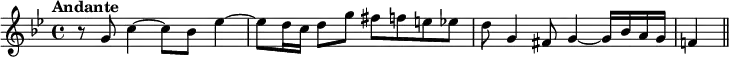 \new Staff {
\relative c'' {
\key g \minor
\tempo "Andante"
r8 g8 c4~ c8 bes8 ees4~
ees8 d16 c16 d8 g8 fis8 f8 e8 ees8
d8 g,4 fis8 g4~ g16 bes16 a16 g16
f!4
\bar "||"
}
}