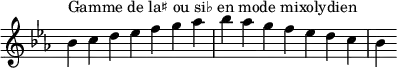  {
\override Score.TimeSignature #'stencil = ##f
\relative c'' {
  \key bes \mixolydian
  \clef treble \time 7/4
  bes4^\markup { Gamme de la♯ ou si♭ en mode mixolydien } c d es f g aes bes aes g f es d c bes
} }
