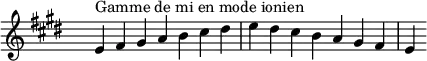 \relative c' {
\key e \ionian
\clef treble \time 7/4 \hide Staff.TimeSignature e4^\markup { Gamme de mi en mode ionien } fis gis a b cis dis e dis cis b a gis fis e
}