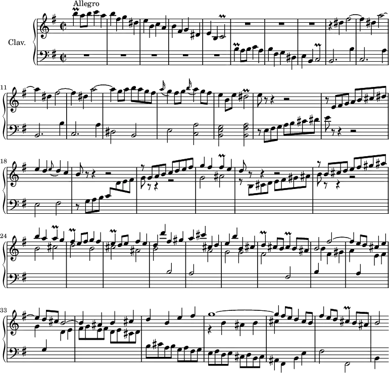 \version "2.18.2"
\header {
tagline = ##f
}
%% les petites notes
trillCb = { \tag #'print { c2\prall } \tag #'midi { d16 c d c~ c4 } }
trillDisb = { \tag #'print { dis2\prall } \tag #'midi { e16 dis e dis~ dis4 } }
trillBUp = { \tag #'print { b'4\prall } \tag #'midi { c16 b c b } }
trillB = { \tag #'print { b4\prall } \tag #'midi { c16 b c b } }
trillFis = { \tag #'print { fis4\prall } \tag #'midi { g16 fis g fis } }
trillA = { \tag #'print { a4\prall } \tag #'midi { b16 a b a } }
trillE = { \tag #'print { e4\prall } \tag #'midi { fis16 e fis e } }
trillD = { \tag #'print { d4\prall } \tag #'midi { e16 d e d } }
trillCis = { \tag #'print { cis4\prall } \tag #'midi { d16 cis d cis } }
upper = \relative c'' {
\clef treble
\key e \minor
\time 2/2
\tempo 2 = 100
\set Staff.midiInstrument = #"harpsichord"
\override TupletBracket.bracket-visibility = ##f
s8*0^\markup{Allegro}
\trillBUp a8 b c4 a | b fis g dis | e b c a | b fis g dis |
% ms. 5
e4 b \trillCb | R1*3 | r4 \repeat unfold 2 { dis'4 fis2~ |
% ms. 10
fis4 dis a'2~ | a4 } | g8 a b a g fis | \appoggiatura a16 g4 fis8 g \appoggiatura b16 a4 g8 fis |
% ms. 15
e4 b8 e \trillDisb | e8 r8 r4 r2 | \stemUp r8 e,8 fis g a b cis dis | e4 d \appoggiatura e8 d4 c |
% ms. 19
b8 r8 r4 r2 | r8 g8 a b c d e fis | g4 fis \trillFis e4 | d8 r8 r4 r2 |
% ms. 23
r8 b8 cis d e fis gis ais | b4 a \trillA g4 | \trillFis e8 fis g4 fis | \trillE d8 e fis4 e |
% ms. 27
d4 d' fis, gis | a cis cis, d | e b' b, cis | \trillD cis8 b \trillCis b8 ais | b2 fis'^~ |
% ms. 32
fis4 e8 d cis4 e^~ | e d8 cis b2^~ | b4 ais b cis | d b e fis |
% ms. 36
<< { g1~ | g4 } \\ { r4 b,4 ais b | cis } >> fis8 e d4 cis8 b | fis'4 e8 d \trillCis b8 ais | b2
}
lower = \relative c' {
\clef bass
\key e \minor
\time 2/2
\set Staff.midiInstrument = #"harpsichord"
\override TupletBracket.bracket-visibility = ##f
% ************************************** \appoggiatura \repeat unfold 2 { } \times 2/3 { }
R1*5 | \trillB a8 b c4 a | b fis g dis | e b \trillCb | \repeat unfold 2 { b2. b'4 |
% ms. 10
c,2. a'4 } | dis,2 b | e < c a' >2
% ms. 15
< b e g >2 < b fis' a > | r8 e8 fis g a b cis dis | e r8 r4 r2 | e,2 fis |
% ms. 19
r8 g8 a b \stemUp c \stemDown \change Staff = "upper" d e fis g r8 r4 r2 | g2 ais | r8 b,8 cis d e fis gis ais |
% ms. 23
b8 r8 r4 r2 | b2 cis | d b | cis ais | b \stemUp \change Staff = "lower" b, | a \stemDown \change Staff = "upper" a' | g g | fis \stemUp \change Staff = "lower" fis, b4 \stemDown \change Staff = "upper" b' fis gis |
% ms. 32
a4 \stemUp \change Staff = "lower" a, \stemDown \change Staff = "upper" e' fis | g \stemUp \change Staff = "lower" g, \stemDown \change Staff = "upper" d' e | fis8 g e fis d e cis d | \change Staff = "lower" b8 cis a b g a fis g |
% ms. 36
e8 fis d e cis d b cis | ais4 fis b e | fis2 fis, | b4 s4
}
thePianoStaff = \new PianoStaff <<
\set PianoStaff.instrumentName = #"Clav."
\new Staff = "upper" \upper
\new Staff = "lower" \lower
>>
\score {
\keepWithTag #'print \thePianoStaff
\layout {
#(layout-set-staff-size 17)
\context {
\Score
\override SpacingSpanner.common-shortest-duration = #(ly:make-moment 1/2)
\remove "Metronome_mark_engraver"
}
}
}
\score {
\keepWithTag #'midi \thePianoStaff
\midi { }
}