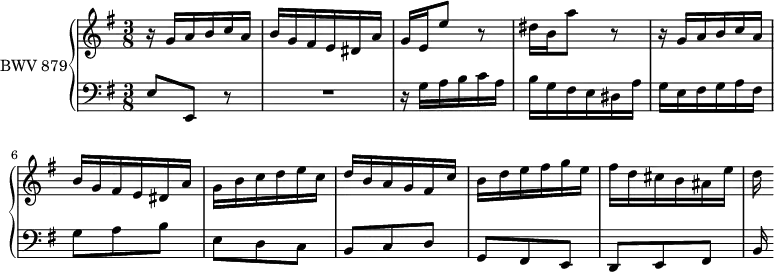 
\version "2.18.2"
\header {
  tagline = ##f
}

thème = { r16 g a b c a | b g fis e dis a' }

upper = \relative c'' {
  \clef treble 
  \key e \minor
  \time 3/8
  \tempo 4 = 60 % tempo de Keller
  \set Staff.midiInstrument = #"harpsichord" 

   %% PRÉLUDE CBT II-10, BWV 879, mi mineur
   \thème | g16[ e e'8] r8 | dis16 b a'8 r8 | \relative c'' \thème g,16 b c d e c d b a g fis c' b d e fis g e fis d cis b ais e' | d
}

lower = \relative c {
  \clef bass 
  \key e \minor
  \time 3/8
  \set Staff.midiInstrument = #"harpsichord" 
  
   e8 e, r8 R4. \relative c' \thème g'16 e fis g a fis g8 a b e, d c b c d g, fis e d e fis | b16
   
} 

\score {
  \new PianoStaff <<
    \set PianoStaff.instrumentName = #"BWV 879"
    \new Staff = "upper" \upper
    \new Staff = "lower" \lower
  >>
  \layout {
    \context {
      \Score
      \remove "Metronome_mark_engraver"
    }
  }
  \midi { }
}
