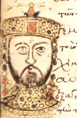 Dessin du portrait d'un empereur couronné.