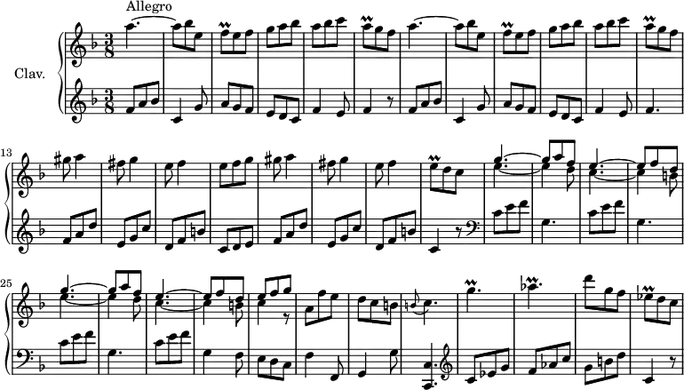 
\version "2.18.2"
\header {
  tagline = ##f
}

%% les petites notes
trillFq   = { \tag #'print { f8\prall } \tag #'midi { g32 f g f } }
trillAq   = { \tag #'print { a8\prall } \tag #'midi { bes32 a bes a } }
trillEq   = { \tag #'print { e8\prall } \tag #'midi { f32 e f e } }
trillEesq = { \tag #'print { ees8\prall } \tag #'midi { f32 ees f ees } }

trillG    = { \tag #'print { g'4.\prall } \tag #'midi { a32 g a g~ g8~ g8 } }
trillAes  = { \tag #'print { aes4.\prall } \tag #'midi { bes32 aes bes aes~ aes8~ aes8 } }

trillBappo  = { \tag #'print { \appoggiatura b8 c4. } \tag #'midi { b4 \tempo 4. = 15 c8 } }

upper = \relative c'' {
  \clef treble 
  \key f \major
  \time 3/8
  \tempo 4. = 90
  \set Staff.midiInstrument = #"harpsichord"

      s8*0^\markup{Allegro}
      a'4.~ | a8 bes e, \trillFq e8 f | g a  bes | a bes c | \trillAq g8 f |
      % ms. 7
      a4.~ | a8 bes e, \trillFq e8 f | g a  bes | a bes c | \trillAq g8 f | gis a4 | 
      % ms. 14
      fis8 g4 | e8 f4 | e8 f g | gis8 a4 | fis8 g4 | e8 f4 |  \trillEq d8 c | 
      % ms. 21
      \repeat unfold 2 { << { g'4.~ | g8 a f | e4.~ | e8 f d } \\ { e4.~ | e4 d8 | c4.~ | c4 b8 } >> }
      % ms. 29
      << { e8 f g } \\ { c,4 r8 } >> a f' e | d c b | \trillBappo |   \tempo 4. = 90 \trillG \trillAes |
      % ms. 35
      d8 g, f | \trillEesq d8 c

}

lower = \relative c' {
  \clef bass
  \key f \major
  \time 3/8
  \set Staff.midiInstrument = #"harpsichord"

    % **************************************
        \clef treble f8 a bes c,4 g'8 | a g f | e d c | f4 e8 | f4 r8 |
        % ms. 7
        f8 a bes c,4 g'8 | a g f | e d c | f4 e8 | f4. | f8 a d |
        % ms. 14
        e,8 g c | d, f b | c, d e | f8 a d | e, g c | d, f b | c,4 r8
        % sm. 21
        \clef bass \repeat unfold 3 { c8 e f | g,4. } | c8 e f |
        % ms. 28
        g,4 f8 | e d c | f4 f,8 | g4 g'8 | < c,, c' >4. | \clef treble c''8 ees g | f aes c |
        % ms. 35
        g b d | c,4 r8

}

thePianoStaff = \new PianoStaff <<
    \set PianoStaff.instrumentName = #"Clav."
    \new Staff = "upper" \upper
    \new Staff = "lower" \lower
  >>

\score {
  \keepWithTag #'print \thePianoStaff
  \layout {
      #(layout-set-staff-size 17)
    \context {
      \Score
     \override SpacingSpanner.common-shortest-duration = #(ly:make-moment 1/2)
      \remove "Metronome_mark_engraver"
    }
  }
}

\score {
  \keepWithTag #'midi \thePianoStaff
  \midi { }
}
