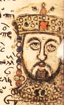 Portrait du buste d'un empereur sur la page d'un manuscrit.