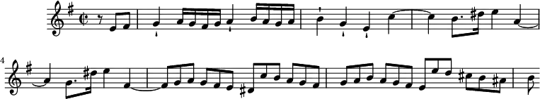 
\version "2.18.2"
\header {
  tagline = ##f
}

\score {
  \new Staff \with {

  }
<<
  \relative c {
    \key e \minor
    \time 2/2
    \set Staff.midiInstrument = #"harpsichord" 

     %% SUJET fugue CBT II-8, BWV 876, mi mineur
     \partial 4
     \tuplet 3/2 { r8 e' fis } | g4-! a16 g fis g a4-! b16 a g a | b4-! g-! e-! c'4~ | c b8.*8/9 dis16*4/3 e4 a,~ | a g8.*8/9 dis'16*4/3 e4 fis,~ | \tuplet 3/2 { fis8 g a } \tuplet 3/2 { g[ fis e] } \tuplet 3/2 { dis c' b } \tuplet 3/2 { a[ g fis] } \tuplet 3/2 { g a b } \tuplet 3/2 { a[ g fis] } \tuplet 3/2 { e e' d } \tuplet 3/2 { cis[ b ais] } \tuplet 3/2 { b }
  }
>>
  \layout {
     \context { \Score \remove "Metronome_mark_engraver" 
                \override SpacingSpanner.common-shortest-duration = #(ly:make-moment 1/2)
                \override TupletBracket.bracket-visibility = ##f
                \omit TupletNumber
     }
  }
  \midi {} 
}
