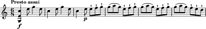 
\relative c' {
  \version "2.18.2"
  \key c \major
  \time 6/8
  \tempo "Presto assai"
  \tempo 4 = 150
   <g e' c'>4\f e''8 g4 e8
  c4 e8 g4 e8
  c4 e8\p e-! f-! g-!
  g (a g) e-! f-! g-!
  g (a g) e-! f-! g-!
  g (a g) f-! e-! d-!
}
