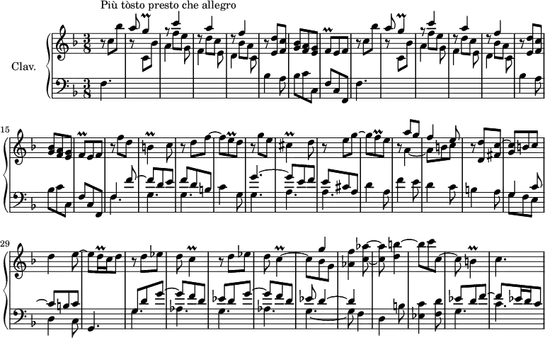 \version "2.18.2"
\header {
tagline = ##f
% composer = "Domenico Scarlatti"
% opus = "K. 419"
% meter = "Più tosto presto che allegro"
}
%% les petites notes
trillG = { \tag #'print { g4\prall } \tag #'midi { a32 g a g~ g8 } }
trillFq = { \tag #'print { f8\prall } \tag #'midi { g32 f g f } }
trilldqq = { \tag #'print { d16\prall } \tag #'midi { \times 2/3 { d32 e d } } }
trillC = { \tag #'print { c4\prall~ } \tag #'midi { d32 c d c~ c8~ } }
trillB = { \tag #'print { b4\prall } \tag #'midi { c32 b c b~ b8 } }
trillEq = { \tag #'print { e8\prall } \tag #'midi { f32 e f e } }
trillCis = { \tag #'print { cis4\prall } \tag #'midi { d32 cis d cis~ cis8 } }
trillCDown = { \tag #'print { c,4^\prall^~ } \tag #'midi { d32 c d c~ c8~ } }
upper = \relative c'' {
\clef treble
\key f \major
\time 3/8
\tempo 4. = 88
\set Staff.midiInstrument = #"harpsichord"
\override TupletBracket.bracket-visibility = ##f
s8*0^\markup{Più tòsto presto che allegro}
\repeat unfold 2 { r8 c8 bes' | \stemUp a8 \trillG | g8\rest << { c4 | s8 a4 | s8 f4 } \\ { \shiftOn f8 e | d8\rest d8 c | d8\rest bes8 a } >> | \stemNeutral r8 < e d' >8 < f c' > | < g bes > < f a > < e g > | \trillFq e8 f } |
% ms. 17
r8 f'8 d | \trillB c8 | r8 d8 f~ | f \trillEq d | r8 g8 e | \trillCis d8 | r8 e8 g~ | g \trillFq e |
% ms. 25
r8 << { a8 g | f4 e8 } \\ { a,4~ | a8 b c } >> | r8 < d, d' >8 < fis c' >^~ | < g c > b c | d4 e8~ | e \trilldqq c16 d8 | r8 d8 ees | d \trillC |
% ms. 33
r8 d8 ees | d << { s4 | s8 g4 } \\ { \trillCDown | c8 bes g } >> | < aes f' >4 < c aes' >8~ | q < d b' >4~ | b'8 c c,~ | c \trillB | c4.
}
lower = \relative c' {
\clef bass
\key f \major
\time 3/8
\set Staff.midiInstrument = #"harpsichord"
\override TupletBracket.bracket-visibility = ##f
% ************************************** \appoggiatura a16 \repeat unfold 2 { } \times 2/3 { } \omit TupletNumber
\repeat unfold 2 { f,4. | \stemDown \change Staff = "upper" r8 c'8 bes' | a4 g8 | f4 e8 | d4 c8 | \stemNeutral \change Staff = "lower" bes4 a8 | bes c c, | f c f, } |
% ms. 17
<< { f'4 f'8~ | f d e | f d b } \\ { \mergeDifferentlyDottedOn f4. g g } >> | c4 g8 << { g'4.~ | g8 e f | e cis a } \\ { g4. a a } >> | d4 a8 |
% ms. 25
f'4 e8 | d4 c8 | b4 a8 | << { g4 c8~ | c b c } \\ { g8 f e | d4 c8 } >> | g4. | << { g'8 d' g~ | g f d | ees d g~ | g f d | ees d4~ | d4 } \\ { g,4. aes g aes | g4.~ g8 f4 } >>
% ms. 37
d4 b'8 < ees, c' >4 < f d' >8 | << { ees'8 d f~ | f ees16 d c8 } \\ { g4. | c } >>
% ms. 41
}
thePianoStaff = \new PianoStaff <<
\set PianoStaff.instrumentName = #"Clav."
\new Staff = "upper" \upper
\new Staff = "lower" \lower
>>
\score {
\keepWithTag #'print \thePianoStaff
\layout {
#(layout-set-staff-size 17)
\context {
\Score
\override SpacingSpanner.common-shortest-duration = #(ly:make-moment 1/2)
\remove "Metronome_mark_engraver"
}
}
}
\score {
\keepWithTag #'midi \thePianoStaff
\midi { }
}