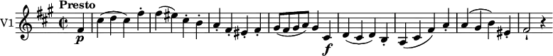 
\version "2.18.2"
 \new Staff \with { instrumentName = #"V1"}
 \relative c' {
    \key a\major 
    \tempo "Presto"
    \time 2/2
    \tempo 4 = 230
 
     \partial4  fis4 \p cis' (d cis) fis-.
     fis (eis) cis-. b-.
     a-. fis-. eis-. fis-.
     gis8 (fis gis a) gis4 cis, \f
     d (cis d) b-.
     a (cis fis) a-.
     a (gis b) eis,-.
     fis2-! r4
 }
