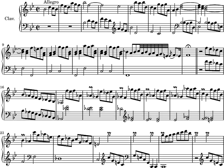 
\version "2.18.2"
\header {
  tagline = ##f
}

%% les petites notes
trillAes         = { \tag #'print { aes4\prall } \tag #'midi { bes32 aes bes aes~ aes8 } }
trillGes         = { \tag #'print { ges4\prall } \tag #'midi { aes32 ges aes ges~ ges8 } }
trillBes         = { \tag #'print { bes4\prall } \tag #'midi { c32 bes c bes~ bes8 } }
trillC           = { \tag #'print { c4\prall } \tag #'midi { d32 c d c~ c8 } }
trillGbUp        = { \tag #'print { g'2\prall } \tag #'midi { aes32 g aes g~ g8~ g4 } }
trillGb          = { \tag #'print { g2\prall } \tag #'midi { aes32 g aes g~ g8~ g4 } }
trillGq          = { \tag #'print { g8\prall } \tag #'midi { aes32 g aes g } }

upper = \relative c'' {
  \clef treble 
  \key bes \major
  \time 2/2
  \tempo 2 = 92
  \set Staff.midiInstrument = #"harpsichord"

      s8*0^\markup{Allegro}
      bes2 d4 c8 bes | f'4 ees8 d a'4 g8 f | bes2 f2~ | f ees | d bes'8 a bes d, |
      % ms. 6
      d4 c g'8 f g a, | a4 bes < d f >2~ | q4 < c ees >4 < bes d >2~ | q4 < a c > f'8 e f < f, a > | q4 < g bes > g'8 f g < g, bes > |
      % ms. 11
      q4 < a c >4 a'8 g a < a, c > | q4 < g bes > g'8 f g < g, bes >~ | \tempo 2 = 55 bes4 a8[ bes   \tempo 2 = 40 c32 a bes g a f g e] \acciaccatura e8 f8. e16 |   \tempo 2 = 92 f1\fermata \bar "||"
      % ms. 15
      r2 f'8 ees des c bes aes g f ees des c bes | aes2 f''8 ees f aes, | \trillAes ges4 ees'8 des ees ges, |
      % ms. 19
      \trillGes f4 ges'8 f ges bes, | \trillBes aes4 f'8 ees f aes, | \trillAes ges4 aes'8 g aes c, | \trillC bes4 g'8 f g bes, |
      % ms. 23
      \trillBes \tempo 2 = 40 aes4 \tempo 2 = 92 c'8 g aes e | f c des bes c g aes f | \tempo 2 = 60 e2   \tempo 2 = 92 \repeat unfold 3 { \trillGbUp } |
      % ms. 25 suite
      \trillGq f8 g a bes c d bes | \trillGb \trillGb

}

lower = \relative c' {
  \clef bass
  \key bes \major
  \time 2/2
  \set Staff.midiInstrument = #"harpsichord"

    % **************************************
      R1*2 | bes2 d4 c8 bes | f'4 ees8 d   \clef treble  a'4 g8 f | bes2 d, |
      % ms. 6
      ees2 c | d   \clef bass << { bes2~ | bes bes } \\ { bes8 a bes d, | ees2 bes'8 a bes e, } >> | f2 f, | c' c |
      % ms. 11
      f,2 f' | c c | f,1 | s1 |
      % ms. 15
      r2 f''8 ees des c bes aes g f ees des c bes | aes2 < des' f > | < des ees > < c ees >
      % ms. 19
      des2  \clef treble < ees ges >2 | < ees f > < d f > ees < f aes > | < f g > < e g >
      % ms. 23
      f2   \clef bass  f,2 | des1 | c2  \clef treble  c''8 g e c |   \clef bass g e c g | c,4 c |
      % ms. 27
      c1 | r2  \clef treble  c'''8 g e c |

}

thePianoStaff = \new PianoStaff <<
    \set PianoStaff.instrumentName = #"Clav."
    \new Staff = "upper" \upper
    \new Staff = "lower" \lower
  >>

\score {
  \keepWithTag #'print \thePianoStaff
  \layout {
      #(layout-set-staff-size 17)
    \context {
      \Score
     \override SpacingSpanner.common-shortest-duration = #(ly:make-moment 1/2)
      \remove "Metronome_mark_engraver"
    }
  }
}

\score {
  \keepWithTag #'midi \thePianoStaff
  \midi { }
}
