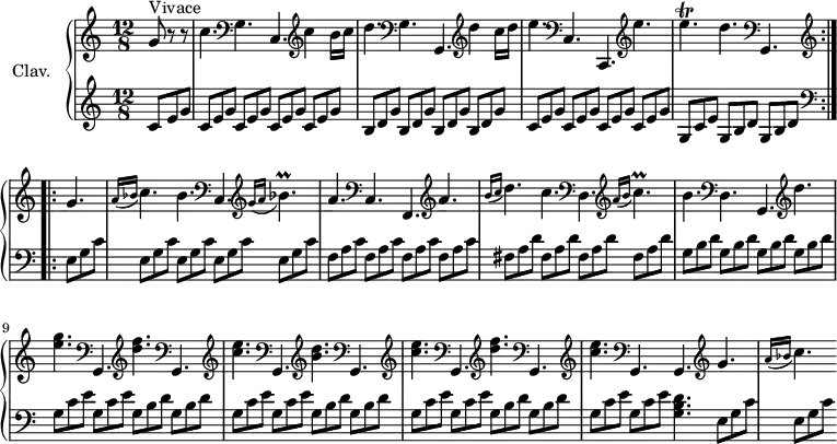\version "2.18.2"
\header {
tagline = ##f
}
%% les petites notes
trillE = { \tag #'print { e4.\trill } \tag #'midi { f16 e f e~ e8 } }
trillBes = { \tag #'print { bes4.)\prall } \tag #'midi { c16 bes c bes~ bes8 } }
trillC = { \tag #'print { c4.)\prall } \tag #'midi { d16 c d c~ c8 } }
upper = \relative c'' {
\clef treble
\key c \major
\time 12/8
\tempo 4. = 126
\set Staff.midiInstrument = #"harpsichord"
s8*0^\markup{Vivace}
\repeat volta 2 {
g8 r8 r8 | c4. \clef bass g, c, \clef treble c''4 b16 c | d4. \clef bass g,, g, \clef treble d'''4 c16 d |
% ms. 3
e4. \clef bass c,, c, \clef treble e'''4. | \trillE d4. \clef bass g,,,
} \set Score.doubleRepeatType = #":..:"
\repeat volta 1 { \clef treble
g''4. \grace { \tempo 4. = 45 a16( bes } \tempo 4. = 126 c4.) \tempo 4. = 126 bes4. \clef bass c,, \clef treble \grace { \tempo 4. = 45 g''16( a } \tempo 4. = 126 \trillBes |
% ms. 6
a4. \clef bass c,, f, \clef treble a''4. | \grace { \tempo 4. = 45 b16( c } \tempo 4. = 126 d4.) c | \clef bass d,, \clef treble \grace { \tempo 4. = 45 a''16( b } \tempo 4. = 126 \trillC | b4. \clef bass d,, g, \clef treble d'''4. |
% ms. 9
< e g >4. \clef bass g,,, \clef treble < d''' f > \clef bass g,,, \clef treble < c'' e > \clef bass g,, \clef treble < b'' d > \clef bass g,, \clef treble < c'' e > \clef bass g,, \clef treble < d''' f > \clef bass g,,,
% ms. 12
\clef treble < c'' e > \clef bass g,, \tempo 4. = 60 g \tempo 4. = 126 \clef treble g'' \grace { \tempo 4. = 45 a16( bes } \tempo 4. = 126 c4.)
}\bar ""
}
lower = \relative c' {
\clef bass
\key c \major
\time 12/8
\set Staff.midiInstrument = #"harpsichord"
\repeat volta 2 {
% **************************************
\partial 4.
\clef treble \repeat unfold 5 { c8 e g } \repeat unfold 4 { b,8 d g } \repeat unfold 4 { c,8 e g } g, c e \repeat unfold 2 { g, b d }
}
\repeat volta 1 {
\clef bass \repeat unfold 5 { e, g c } \repeat unfold 4 { f, a c } \repeat unfold 4 { fis, a d } \repeat unfold 4 { g, b d } \repeat unfold 3 { \repeat unfold 2 { g, c e } \repeat unfold 2 { g, b d } }
% ms. 12
\repeat unfold 2 { g, c e } \tempo 4. = 100 < g, b d >4. \repeat unfold 2 { e8 g c }
} %repet
}
thePianoStaff = \new PianoStaff <<
\set PianoStaff.instrumentName = #"Clav."
\new Staff = "upper" \upper
\new Staff = "lower" \lower
>>
\score {
\keepWithTag #'print \thePianoStaff
\layout {
#(layout-set-staff-size 17)
\context {
\Score
\override SpacingSpanner.common-shortest-duration = #(ly:make-moment 1/2)
\remove "Metronome_mark_engraver"
}
}
}
\score {
\unfoldRepeats
\keepWithTag #'midi \thePianoStaff
\midi { }
}
