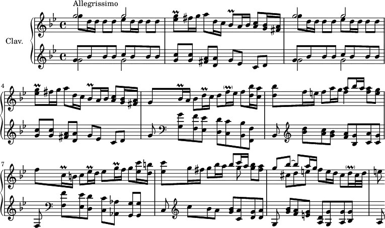 
\version "2.18.2"
\header {
  tagline = ##f
}

%% les petites notes
trillGqDN = { \tag #'print { < ees g >8\prall } \tag #'midi { << { a32 g a g } \\ { ees8 } >> } }
trillBesq = { \tag #'print { bes8\prall } \tag #'midi { c32 bes c bes } }
trillDqq = { \tag #'print { d16\prall } \tag #'midi { \times 2/3 { d32 ees d } } }
trillBesqq = { \tag #'print { bes16\prall } \tag #'midi { \times 2/3 { bes32 c bes } } }
trillCqq = { \tag #'print { c16\prall } \tag #'midi { \times 2/3 { c32 d c } } }
trillEesqq = { \tag #'print { ees16\prall } \tag #'midi { \times 2/3 { ees32 f ees } } }
trillGqq = { \tag #'print { g16\prall } \tag #'midi { \times 2/3 { g32 a g } } }

trillDqqPar = { \tag #'print { d16-\parenthesize\prall } \tag #'midi { \times 2/3 { d32 e d } } }
trillFqqPar = { \tag #'print { f16-\parenthesize\prall } \tag #'midi { \times 2/3 { f32 g f } } }

% \times 2/3 {
upper = \relative c'' {
  \clef treble 
  \key g \minor
  \time 4/4
  \tempo 4 = 98
  \set Staff.midiInstrument = #"harpsichord"

     s8*0^\markup{Allegrissimo}
     \repeat unfold 2 { << { g'2 g } \\ { g8 d16 d d8 d ees8 d16 d d8 d } >> \trillGqDN fis16 g  a8 d,16 c \trillBesq a16 bes < a c >8 < g bes >16 < fis a > }
     % ms. 5
     g8 \trillBesqq a16 bes8 \trillDqq c16 d8 \trillFqqPar ees16 f8 < d bes' >16 < c a' > | < d bes' >8 f16 e! f8 a16 g << { a8 bes16 a } \\ { f4  } >> < f a >8 < e g > |
     % ms. 7
     f8 \trillCqq b!16 c8 \trillEesqq d16 ees8 \trillGqq f16 g8 < ees c' >16 < d b' > | < ees c' >8 g16 fis g8 bes16 a << { bes8 c16 a } \\ { s8 g8 } >> < g bes >8 < fis a > |
     % ms. 9
     << { g8 bes~ bes a16 g } \\ { s8 cis,8 d e! } >> f8 e16 d cis8 \trillDqqPar cis32 d | e8

}

lower = \relative c' {
  \clef bass
  \key g \minor
  \time 4/4
  \set Staff.midiInstrument = #"harpsichord"

    % **************************************
     \repeat unfold 2 {  \clef treble  << { g'8 bes bes bes c bes bes bes } \\ { g2 g } >> < g c >8 q < fis a >[ < d a' >] g ees c[ d] }
     % ms. 5
     g8   \clef bass < g, g' >8[ < f f' > < ees ees' >] < d d' > < c c' > < bes bes' > < f f' > | bes \clef treble < bes'' d >8[ < a c > < g bes >]  < f a > < bes, g' > < c a' > < c g' > 
     % ms. 7
     f,8  \clef bass < f f' >8[ < ees ees' > < d d' >]  < c c' >[ < aes aes' >] < g g' > q | c8 \clef treble  c''8[ bes a] < g bes > < c, a' > < d g > < d a' > |
     % ms. 9
     g,8 < g' bes >8[ < f a > < e! g >]  < d a > < g, g'> < a g'> < bes g' > | a8
     << {  } \\ {  } >>

}

thePianoStaff = \new PianoStaff <<
    \set PianoStaff.instrumentName = #"Clav."
    \new Staff = "upper" \upper
    \new Staff = "lower" \lower
  >>

\score {
  \keepWithTag #'print \thePianoStaff
  \layout {
      #(layout-set-staff-size 17)
    \context {
      \Score
     \override SpacingSpanner.common-shortest-duration = #(ly:make-moment 1/2)
      \remove "Metronome_mark_engraver"
    }
  }
}

\score {
  \keepWithTag #'midi \thePianoStaff
  \midi { }
}
