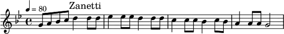 
\relative c'' { 
 \set Staff.midiInstrument = #"violin"
 \tempo 4 = 80
 \key bes \major
 \time 4/4
 g8 a bes c d4 \mark "Zanetti" d8 d es4 es8 es d4 d8 d c4 c8 c bes4 c8 bes a4 a8 a g2
}
