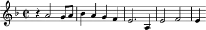 \header {
tagline = ##f
}
\score {
\new Staff \with {
}
<<
\relative c'' {
\key f \major
\time 2/2
\tempo 2 = 80
\override TupletBracket #'bracket-visibility = ##f
%\autoBeamOff
\set Staff.midiInstrument = #"french horn"
%%%%%%%%%%%%%%%%%%%%%%%%%% AB 3-1 th2
r4 a2 g8 a bes4 a g f e2. a,4 e'2 f e4
}
>>
\layout {
\context { \Score \remove "Metronome_mark_engraver"
}
}
\midi {}
}