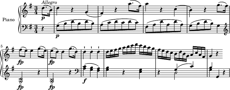 
\version "2.18.2"
\header {
  tagline = ##f
}
upper = \relative c' {
  \clef treble 
  \key g \major
  \time 3/4
  \tempo "Allegro"
  \tempo 4 = 130
  %\autoBeamOff

 \partial 4 d'8. \p ^\markup{ \italic {Allegro } } (b16)
  d4 r g,
  (fis) r a'8. (fis16)
  a4 r c,
  (b) r g'8. (fis16)
  fis8\fp (e) e4 g8. (e16)
  e8\fp (d) d4 g8. (d16)
  d4-! d-! d-!
  d16 e fis g a b c d c b a g
  fis e d c b d b g a c a fis
  g4 r 


}

lower = \relative c {
  \clef bass
  \key g \major
  \time 3/4
   \partial 4  r4
  g'8 \p (b d b d b)
  a (c d c d c)
  fis, (a d a d a)
  g (b d b) g4
   \clef treble
  <c g>2  \fp r4
  <b g>2  \fp r4  \clef bass
  <a c>4 \f (<g b> <fis a>)
  <g b> r <e g>
  r  << { \stemDown d2 g4} \\ {\stemUp  g4 ^ ( c) b } >>
  g,4 r
} 

\score {
  \new PianoStaff <<
    \set PianoStaff.instrumentName = #"Piano"
    \new Staff = "upper" \upper
    \new Staff = "lower" \lower
  >>
  \layout {
    \context {
      \Score
      \remove "Metronome_mark_engraver"
    }
  }
  \midi { }
}
