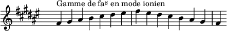 \relative c' {
\key fis \ionian
\clef treble \time 7/4 \hide Staff.TimeSignature fis4^\markup { Gamme de fa♯ en mode ionien } gis ais b cis dis eis fis eis dis cis b ais gis fis
}