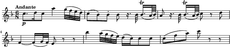 
\relative c'' {
  \version "2.18.2"
    \key f \major
    \time 6/8
    \tempo "Andante"
   c8.\p  d16  c8  a'4 g32 (f e d)
   c8 (bes) bes-. bes r16. bes32 bes16.\trill [(a64 bes)]
   a8 r16. bes32 bes16.\trill [(a64 bes)] c8 r8 d
   f,4~ f16 (g32 f) e8 r8 r8
   bes''4 a32 (g f e) d16 (c) c8 c
   c (f a) c r8 r8
  }
