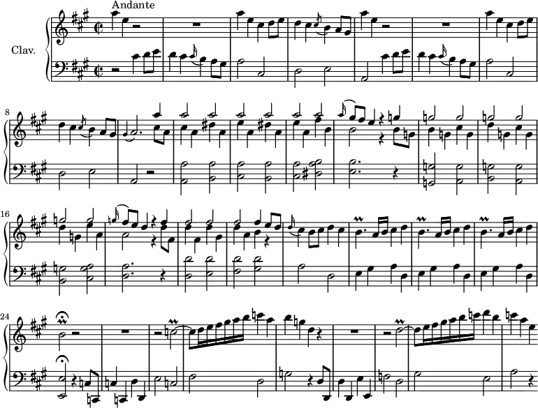 \version "2.18.2"
\header {
tagline = ##f
% composer = "Domenico Scarlatti"
% opus = "K. 404"
% meter = "Andante"
}
%% les petites notes
trillBp = { \tag #'print { b4.\prall } \tag #'midi { cis32 b cis b~ b4 } }
appoAbp = { \tag #'print { \appoggiatura gis4 a2. } \tag #'midi { gis4 a2 } }
trillBb = { \tag #'print { b2\prall\fermata } \tag #'midi { cis32 b cis b~ b8~ \tempo 2 = 50 b4 \tempo 2 = 72 } }
trillCb = { \tag #'print { c2\prall~ } \tag #'midi { d32 c d c~ c8~ c4~ } }
trillDb = { \tag #'print { d2\prall~ } \tag #'midi { e32 d e d~ d8~ d4~ } }
upper = \relative c'' {
\clef treble
\key a \major
\time 2/2
\tempo 2 = 72
\set Staff.midiInstrument = #"harpsichord"
\override TupletBracket.bracket-visibility = ##f
s8*0^\markup{Andante}
a'4 e r2 | R1 | a4 e cis d8 e | d4 cis \acciaccatura cis8 b4 a8 gis |
% ms. 5
a'4 e r2 | R1 | a4 e cis d8 e | d4 cis \acciaccatura cis8 b4 a8 gis | \appoAbp << { a'4 } \\ { cis,8 a } >>
% ms. 10
<< { \repeat unfold 6 { a'2 } | \appoggiatura a16 gis8 fis e4 r4 g4 } \\ { cis,4 a dis a | e' a, dis a | e' a, fis' b, | b2 r4 b8 g } >>
% ms. 14
<< { \repeat unfold 6 { g'2 } | \appoggiatura g16 fis8 e d4 r4 fis4 } \\ { b,4 g cis g | d' g, cis g | d' g, e' a, | a2 r4 d8 fis, } >>
% ms. 18
<< { \repeat unfold 3 { fis'2 } fis4 e8 d } \\ { d4 fis, d' gis, | d' a b r4 }>>
% ms. 20
\appoggiatura d16 cis4 b8 cis d4 cis | \repeat unfold 3 { \trillBp a16 b cis4 d } | \trillBb r2
% ms. 25
R1 | r2 \trillCb | c8 d16 e fis gis a b c4 a | b g d r4 | R1 |
% ms. 30
r2 \trillDb | d8 e16 fis gis a b c d4 b | c a e
}
lower = \relative c' {
\clef bass
\key a \major
\time 2/2
\set Staff.midiInstrument = #"harpsichord"
\override TupletBracket.bracket-visibility = ##f
% ************************************** \appoggiatura a16 \repeat unfold 2 { } \times 2/3 { } \omit TupletNumber
r2 \repeat unfold 2 { cis4 d8 e | d4 cis \appoggiatura cis16 b4 a8 gis | a2 cis, | d e |
% ms. 5
a,2 } r2
% ms. 10
< a a' >2 < b a' > | < cis a' > < b a' > | < cis a' > < dis a' b > | < e b' >2. r4 | < g, g' >2 < a g' > |
% ms. 15
< b g' >2 < a g' > | < b g' > < cis g' a > | < d a' >2. r4 | < d d' >2 < e d' > | < fis d' > < gis d' > |
% ms. 20
a2 d, | \repeat unfold 3 { e4 gis a d, } | < e, e' >2\fermata r4 c'8 c, |
% ms. 25
c'4 c, d' d, | e'2 c | fis d | g r4 d8 d, | d'4 d, e' e, |
% ms. 30
f'2 d | gis e | a r4
}
thePianoStaff = \new PianoStaff <<
\set PianoStaff.instrumentName = #"Clav."
\new Staff = "upper" \upper
\new Staff = "lower" \lower
>>
\score {
\keepWithTag #'print \thePianoStaff
\layout {
#(layout-set-staff-size 17)
\context {
\Score
\override SpacingSpanner.common-shortest-duration = #(ly:make-moment 1/2)
\remove "Metronome_mark_engraver"
}
}
}
\score {
\keepWithTag #'midi \thePianoStaff
\midi { }
}
