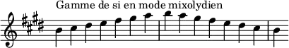  {
\override Score.TimeSignature #'stencil = ##f
\relative c'' {
  \key b \mixolydian
 \clef treble \time 7/4
  b4^\markup { Gamme de si en mode mixolydien } cis dis e fis gis a b a gis fis e dis cis b
} }
