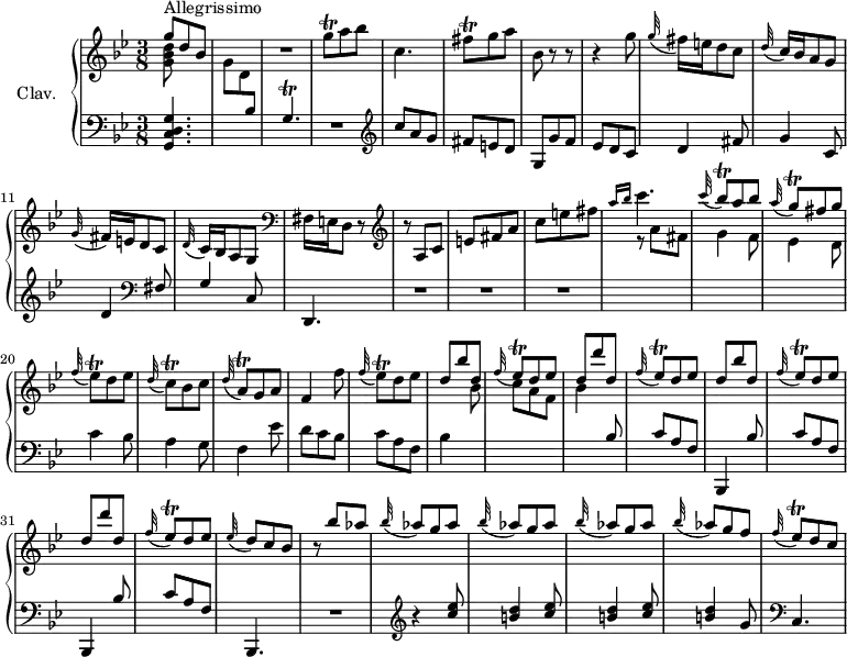 \version "2.18.2"
\header {
tagline = ##f
% composer = "Domenico Scarlatti"
% opus = "K. 121"
% meter = "Allegrissimo"
}
%% les petites notes
%trillFisq = { \tag #'print { fis8\trill } \tag #'midi { g32 fis g fis } }
trillFisq = { \tag #'print { fis8\trill } \tag #'midi { \times 2/3 { fis16 g fis } } }
trillGqUp = { \tag #'print { g'8\trill } \tag #'midi { \times 2/3 { g16 a g } } }
trillGq = { \tag #'print { g8\trill } \tag #'midi { \times 2/3 { g16 a g } } }
trillGp = { \tag #'print { g4.\trill } \tag #'midi { a32 g a g~ \tempo 4. = 50 g4 \tempo 4. = 102 } }
trillBesq = { \tag #'print { bes8\trill } \tag #'midi { \times 2/3 { bes16 c bes } } }
trillEesq = { \tag #'print { ees8\trill } \tag #'midi { \times 2/3 { ees16 f ees } } }
trillCq = { \tag #'print { c8\trill } \tag #'midi { \times 2/3 { c16 d c } } }
trillAq = { \tag #'print { a8\trill } \tag #'midi { \times 2/3 { a16 bes a } } }
upper = \relative c'' {
\clef treble
\key g \minor
\time 3/8
\tempo 4. = 102
\set Staff.midiInstrument = #"harpsichord"
\override TupletBracket.bracket-visibility = ##f
s8*0^\markup{Allegrissimo}
<< { g'8 d bes } \\ { < g bes d >8 } >> | s4. | R4. | \trillGqUp a8 bes | c,4. | \trillFisq g8 a | bes,8 r8 r8 |
% ms. 8
r4 g'8 | \appoggiatura g32 fis16 e d8 c | \appoggiatura d32 c16 bes a8 g | \appoggiatura g32 fis16 e d8 c | \appoggiatura d32 c16 bes a8 g | \clef bass fis16 \tempo 4. = 70 e \tempo 4. = 40 d8 r8 | \tempo 4. = 102 \clef treble r8 a'8 c |
% ms. 15
e8 fis a | c e fis | \grace { \tempo 4. = 25 a16 bes } \tempo 4. = 102 c4. | \appoggiatura c32 \stemUp \trillBesq a8 bes | \appoggiatura a32 \stemUp \trillGq fis8 g | \stemNeutral \appoggiatura f32 \trillEesq d8 ees | \appoggiatura d32 \trillCq bes8 c |
% ms. 22
\appoggiatura d32 \trillAq g8 a | f4 f'8 | \repeat unfold 2 { \appoggiatura f32 \trillEesq d8 ees | \stemUp d bes' d, | \appoggiatura f32 \trillEesq d8 ees |
% ms. 29
d8 d' d, } | \appoggiatura f32 \trillEesq d8 ees | \appoggiatura ees32 d8 \tempo 4. = 70 c \tempo 4. = 40 bes | \tempo 4. = 102 r8 bes'8 aes | \repeat unfold 3 { \appoggiatura bes32 aes8 g aes } \appoggiatura bes32 aes8 g f \appoggiatura f32 \trillEesq d8 c |
% ms. 36
}
lower = \relative c' {
\clef bass
\key g \minor
\time 3/8
\set Staff.midiInstrument = #"harpsichord"
\override TupletBracket.bracket-visibility = ##f
% **************************************
< g, c d g >4. | \stemDown \change Staff = "upper" g''8 d \stemUp \change Staff = "lower" bes8 | \trillGp | R4. | \clef treble c'8 a g | fis e d | g, g' f |
% ms. 8
ees8 d c | d4 fis8 | g4 c,8 | d4 \clef bass fis,8 | g4 c,8 | d,4. | R4.*3 | \stemDown \change Staff = "upper"
% ms. 17
r8 a'''8 fis | g4 f8 | ees4 d8 \stemNeutral \change Staff = "lower" | c4 bes8 | a4 g8 |
% ms. 22
f4 ees'8 | d c bes | c a f | bes4 \stemDown \change Staff = "upper" bes'8 | c a f | bes4 \stemNeutral \change Staff = "lower" bes,8 | \repeat unfold 2 { c a f |
% ms. 29
bes,,4 bes''8 } c8 a f | bes,,4. | R4. | \clef treble r4 \repeat unfold 3 { < c''' ees >8 | < b d >4 } g8 |
% ms. 39
\clef bass c,,4. |
}
thePianoStaff = \new PianoStaff <<
\set PianoStaff.instrumentName = #"Clav."
\new Staff = "upper" \upper
\new Staff = "lower" \lower
>>
\score {
\keepWithTag #'print \thePianoStaff
\layout {
#(layout-set-staff-size 17)
\context {
\Score
\override SpacingSpanner.common-shortest-duration = #(ly:make-moment 1/2)
\remove "Metronome_mark_engraver"
}
}
}
\score {
\keepWithTag #'midi \thePianoStaff
\midi { }
}