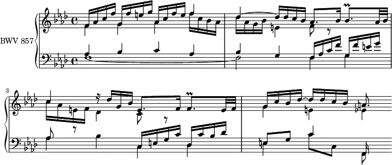 
\version "2.18.2"
\header {
  tagline = ##f
}

Prallbeshp  = { \tag #'print { bes8.\prall } \tag #'midi { \times 2/3 { c32 bes c } bes8 }  }
Prallfhp    = { \tag #'print { f8.\prall } \tag #'midi { \times 2/3 { g32 f g } f8 }  }

upper = \relative c' {
    \clef treble 
    \key f \minor
    \time 4/4
    \tempo 4 = 52 % tempo de Keller
    \set Staff.midiInstrument = #"harpsichord" 

   %% PRÉLUDE CBT I-12, BWV 857, fa mineur
    << { f16 aes c f g, f' e g aes, c f e f4  | des4~ des16 des c bes aes8. bes16 \Prallbeshp aes32 bes c4 r16 des16 g, bes e,8. f16 \Prallfhp e32 f | g16 c bes des~ des des c bes a8. } \\ { f4 g aes f'16 c bes aes des aes g bes | e,4 f8 r8 s4 | c'16 aes e f des4 c8 r8 s4 g'4 e ees4*1/2 } >>
   
}

lower = \relative c' {
    \clef bass 
    \key f \minor
    \time 4/4
    \set Staff.midiInstrument = #"harpsichord" 

    << { aes4 bes c aes bes g f16 aes c f g, f' e g | aes,8 r8 s4 c,16 e g c des, c' bes des  e,8 g c4 f,,16 } \\ { f'1~ f2 f4 g | aes bes c, des | e c'8 c, f, } >>
} 


 thePianoStaff = \new PianoStaff <<
    \set PianoStaff.instrumentName = #"BWV 857"
    \new Staff = "upper" \upper
    \new Staff = "lower" \lower
  >>

\score {
  \keepWithTag #'print \thePianoStaff
  \layout {
    \context {
      \Score
      \remove "Metronome_mark_engraver"
      \override SpacingSpanner.common-shortest-duration = #(ly:make-moment 1/2) 
    }
  }
}

\score {
  \keepWithTag #'midi \thePianoStaff
  \midi { }
}
