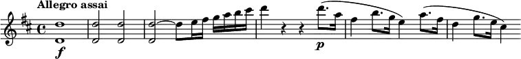 \relative c'' {
\version "2.18.2"
\tempo "Allegro assai"
\key d \major
\time 4/4
\tempo 4 = 140
<d d,>1\f |
q2 q |
<d~ d,>2 d8 e16 fis g a b cis |
d4 r r d8.(\p a16 |
fis4 b8. g16 e4) a8.( fis16 |
d4 g8. e16 cis4)
}