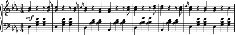 \relative b' {
\new PianoStaff <<
\new Staff { \key c \minor \time 3/4
<<
{
<g bes>4 r4 r8 <g c>8 <g c>4 r4 r8 <g bes>8 \slashedGrace c8 <g bes>4 r4 <f aes>4 <f aes>4 r4 r8 <aes c>8 <aes c>4 r4 r8 <bes d>8 <bes d>4 r4 r8 <aes c>8 \slashedGrace d8 <aes c>4 r <g bes>4 <g bes>4 r4 bes4
}
>>
}
\new Dynamics {
s\mf
}
\new Staff { \key c \minor \time 3/4 \clef bass
ees,, <g bes ees> <g bes ees> ees <g bes ees> <g bes ees> d <aes' bes d> <aes bes d> bes, <aes' bes d> <aes bes d> d, <aes' bes f'> <aes bes f'> bes, <aes' bes d> <aes bes d> ees <g bes ees> <g bes ees> ees <g bes ees> <g bes ees>
}
>>
}