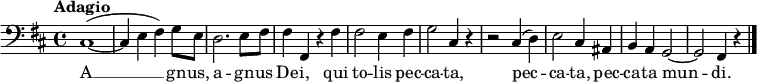 \new Staff \with {
midiInstrument = "piano"
}
{
\relative c {
\version "2.18.2"
\key b \minor
\time 4/4
\tempo "Adagio"
\clef bass
cis1 (~
cis4 e fis) g8 e
d2. e8 fis8
fis4 fis, r4 fis'
fis2 e4 fis4
g2 cis,4 r4
r2 cis4 (d4)
e2 cis4 ais4
b4 a4 g2 ~
g2 fis4 r4
\bar "|."
}
}
\addlyrics {
\lyricmode {
A1 __ gn -- us,
a2 -- gn -- us
De -- i, qui
to -- lis pec
-- ca -- ta,
pec -- ca -- ta,
pec -- ca -- ta
mun -- di.
}
}