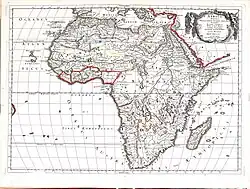 Carte de l'Afrique ancienne, 1651, Nicolas Sanson, où les îles Fortunées sont localisées au niveau des Canaries et de Madère. D'autres îles légendaires, les Gorgades&nbsp;(en) et les Hespérides se trouvent à l'emplacement de celles du Cap-Vert.