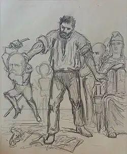 Dessin représentant un homme barbu en pantalon et chemise tenant un petit homme moustachu en uniforme militaire.