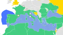 En bleu clair, la mer Noire, la Méditerranée et la zone Atlantique adjacente entre la côte sud du Portugal, la côte espagnole et la côte marocaine à l'ouest de Gilbraltar.
