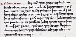 Un bout d'une page de parchemin couverte de texte écrit serré à l'encre noire. Au début du paragraphe apparaît l'année 993 à l'encre rouge en chiffres romains.