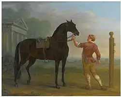 Peinture montrant un cheval marron foncé tenu par un homme