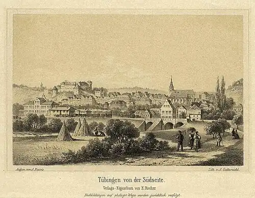 Tübingen vue du Sud, lithographie d'Adam Gatternicht d'après un dessin d'Albert Kappis (1862).