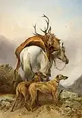 Ansdell, Richard : Cheval portant un cerf mort avec deerhounds (1873).
