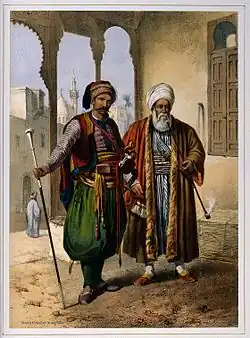 Un soldat turc et un marchand se tenant à l'extérieur pour fumer (c. 1870, Wellcome Collection).