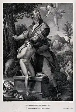 Un jeune ange apparaît alors qu'Abraham se prépare à sacrifier son fils, d'après Andrea del Sarto, lithographie (n. d.).