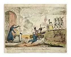 Caricature montrant un personnage en chassant un autre à coup de canon.