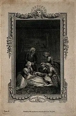 A group of women gather around a fainted woman (1782, d'après Thomas Stothard, Wellcome Collection).