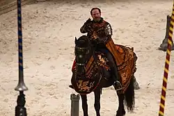 Vue du dessus d'un cheval noir avec un homme, costumés.