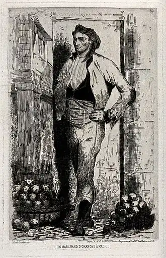 Un homme debout dans l'embrasure d'une porte, avec des paniers d'oranges sur le sol, eau-forte.